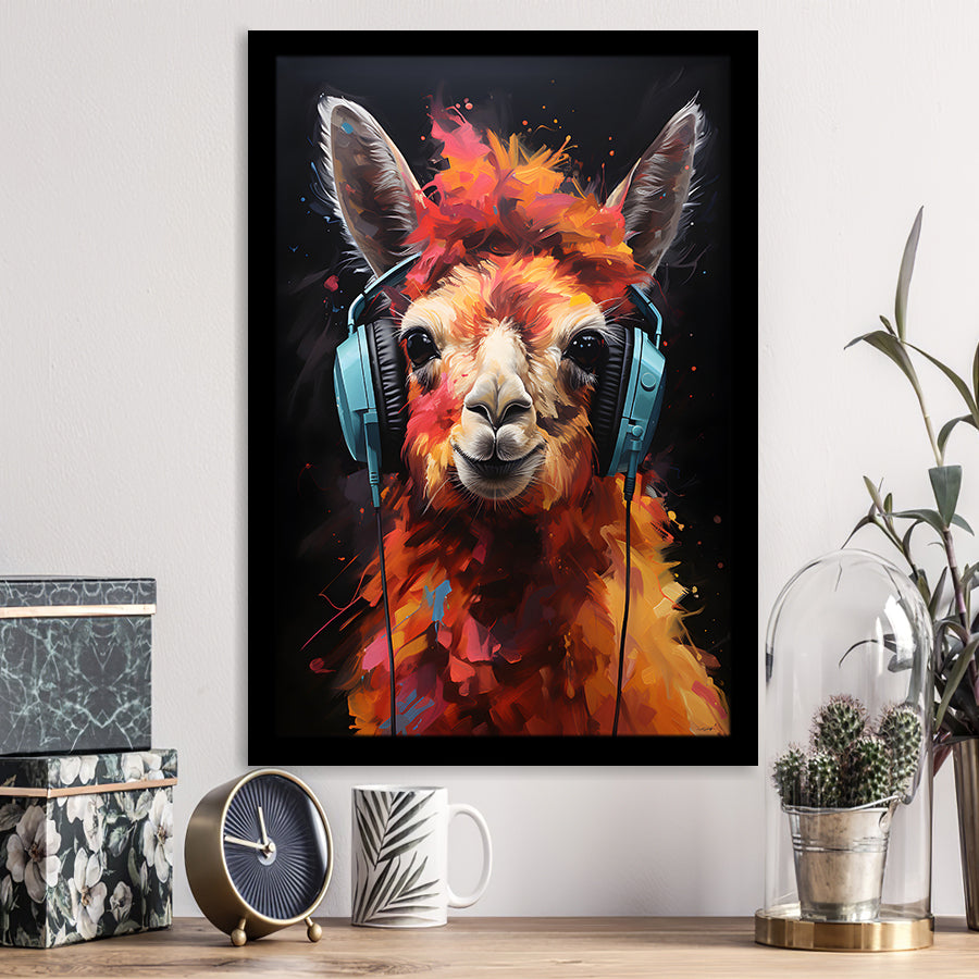 Llama Wearing Headphones Black Background V4 Framed Art Prints Wall Decor, Painting Art, Framed Picture