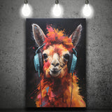 Llama Wearing Headphones Black Background V4 Canvas Prints Wall Art Home Decor, Painting Canvas, Living Room Wall Decor