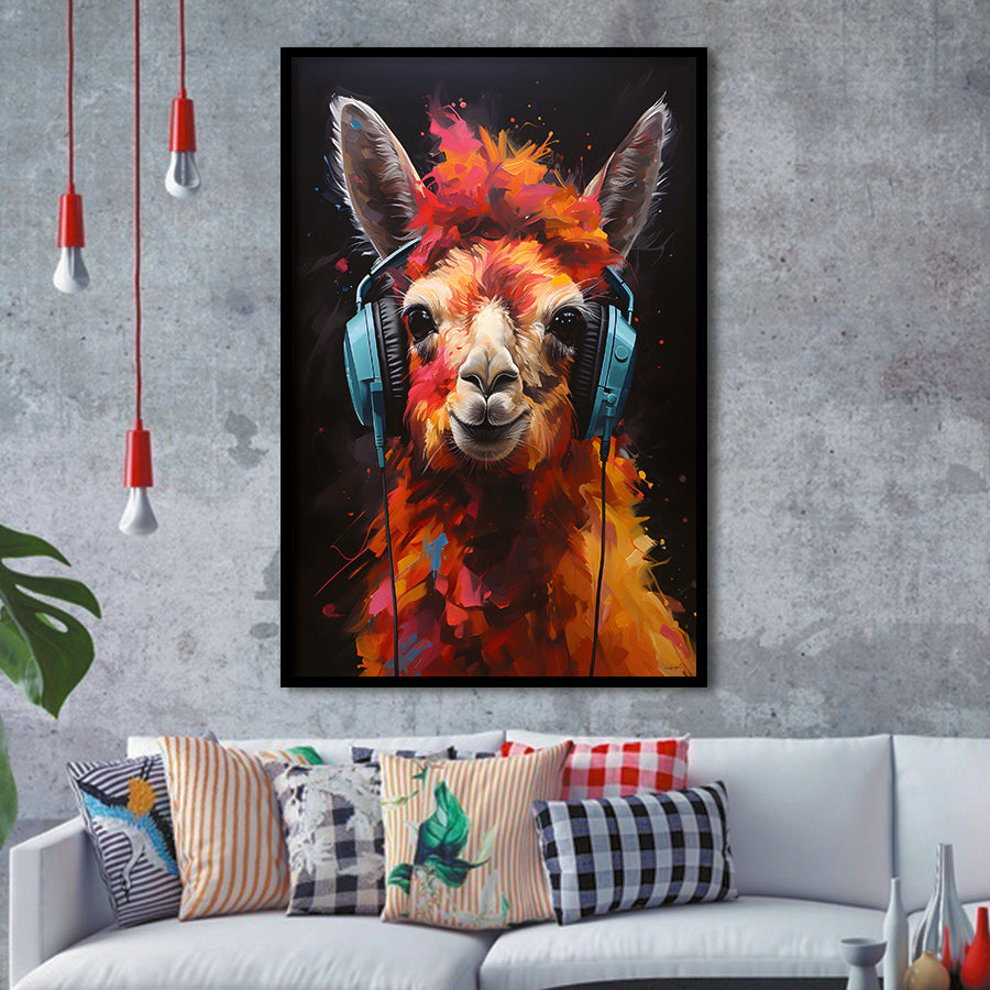 Llama Wearing Headphones Black Background V4 Framed Art Prints Wall Decor, Painting Art, Framed Picture
