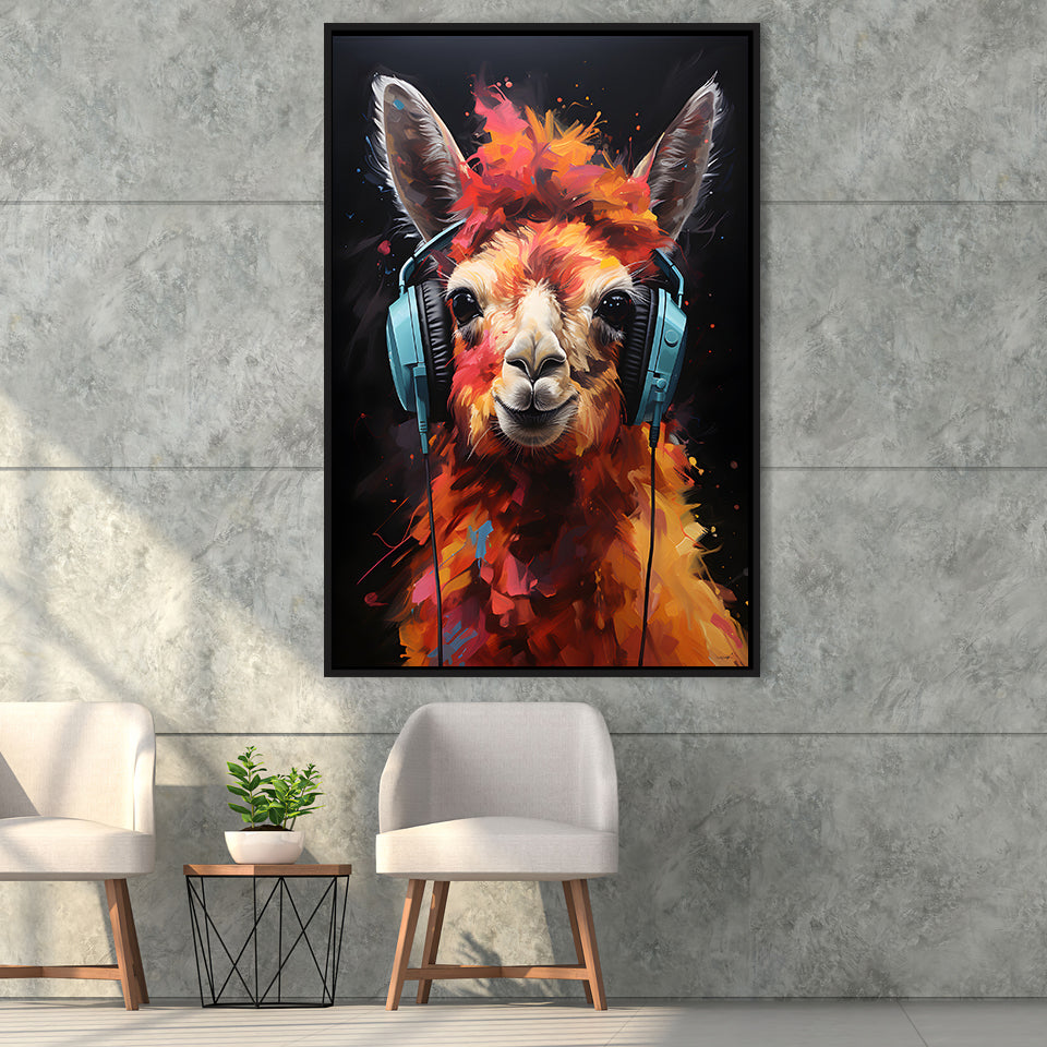 Llama Wearing Headphones Black Background V4 Framed Canvas Prints Wall Art Home Decor, Painting Canvas, Floating Frame