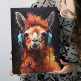 Llama Wearing Headphones Black Background V4 Canvas Prints Wall Art Home Decor, Painting Canvas, Living Room Wall Decor