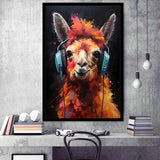 Llama Wearing Headphones Black Background V4 Framed Art Prints Wall Decor, Painting Art, Framed Picture