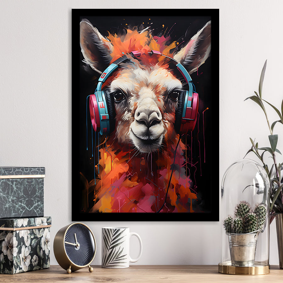 Llama Wearing Headphones Black Background V3 Framed Art Prints Wall Decor, Painting Art, Framed Picture