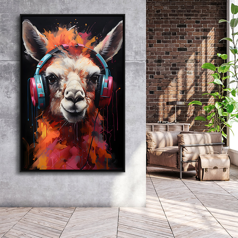 Llama Wearing Headphones Black Background V3 Framed Canvas Prints Wall Art Home Decor, Painting Canvas, Floating Frame
