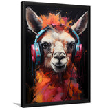 Llama Wearing Headphones Black Background V3 Framed Art Prints Wall Decor, Painting Art, Framed Picture