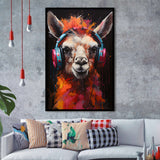 Llama Wearing Headphones Black Background V3 Framed Art Prints Wall Decor, Painting Art, Framed Picture