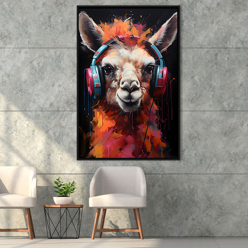 Llama Wearing Headphones Black Background V3 Framed Canvas Prints Wall Art Home Decor, Painting Canvas, Floating Frame