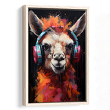 Llama Wearing Headphones Black Background V3 Framed Canvas Prints Wall Art Home Decor, Painting Canvas, Floating Frame