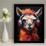 Llama Wearing Headphones Black Background V3 Framed Art Prints Wall Decor, Painting Art, Framed Picture