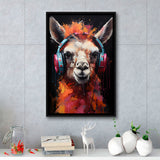Llama Wearing Headphones Black Background V3 Framed Canvas Prints Wall Art Home Decor, Painting Canvas, Floating Frame