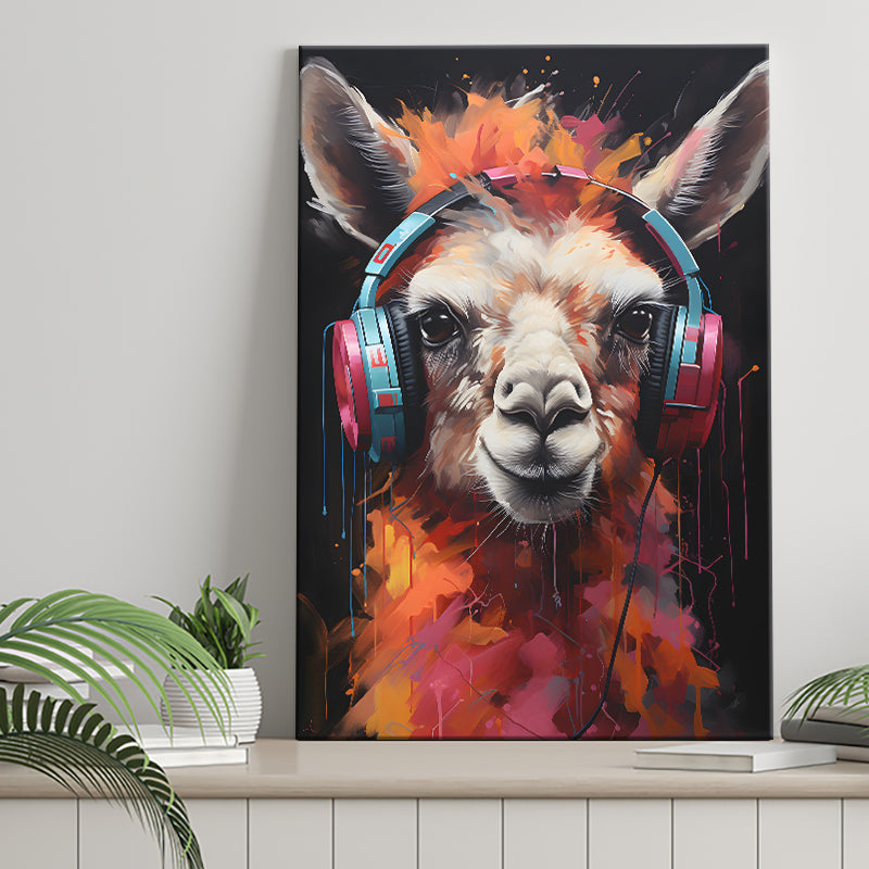 Llama Wearing Headphones Black Background V3 Canvas Prints Wall Art Home Decor, Painting Canvas, Living Room Wall Decor