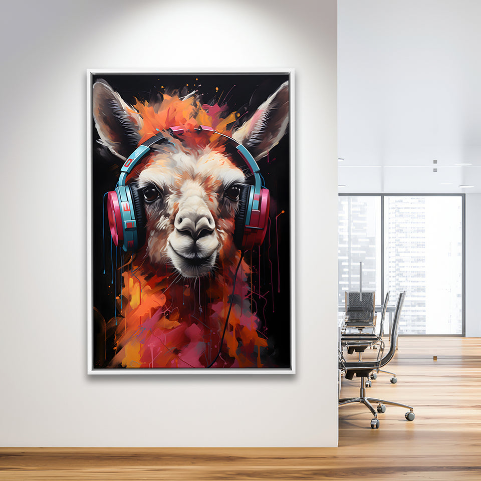 Llama Wearing Headphones Black Background V3 Framed Canvas Prints Wall Art Home Decor, Painting Canvas, Floating Frame