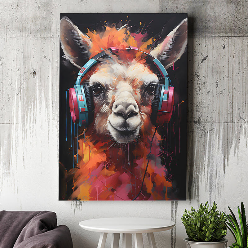 Llama Wearing Headphones Black Background V3 Canvas Prints Wall Art Home Decor, Painting Canvas, Living Room Wall Decor