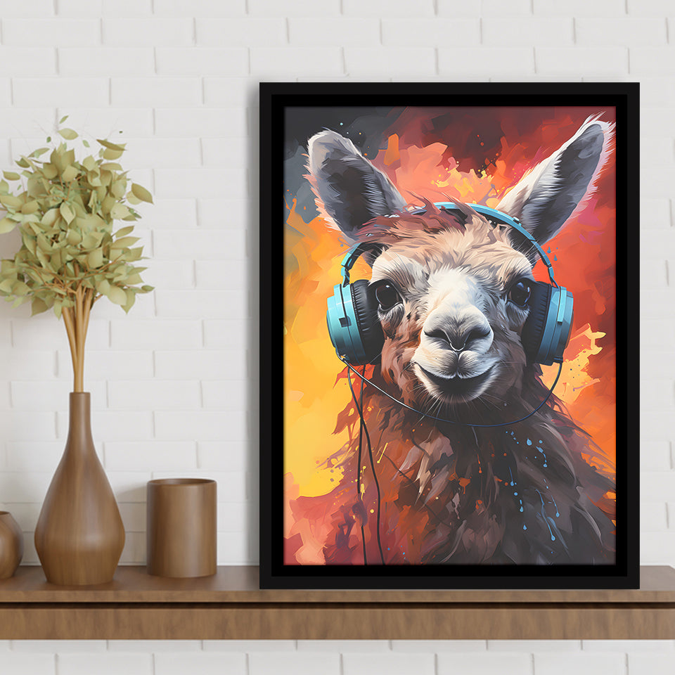 Llama Wearing Headphones V1 Framed Canvas Prints Wall Art Home Decor, Painting Canvas, Floating Frame