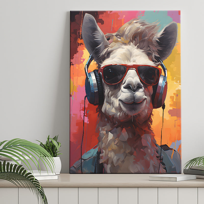 Llama Wearing Headphones With Sunglasses V2 Canvas Prints Wall Art Home Decor, Painting Canvas, Living Room Wall Decor