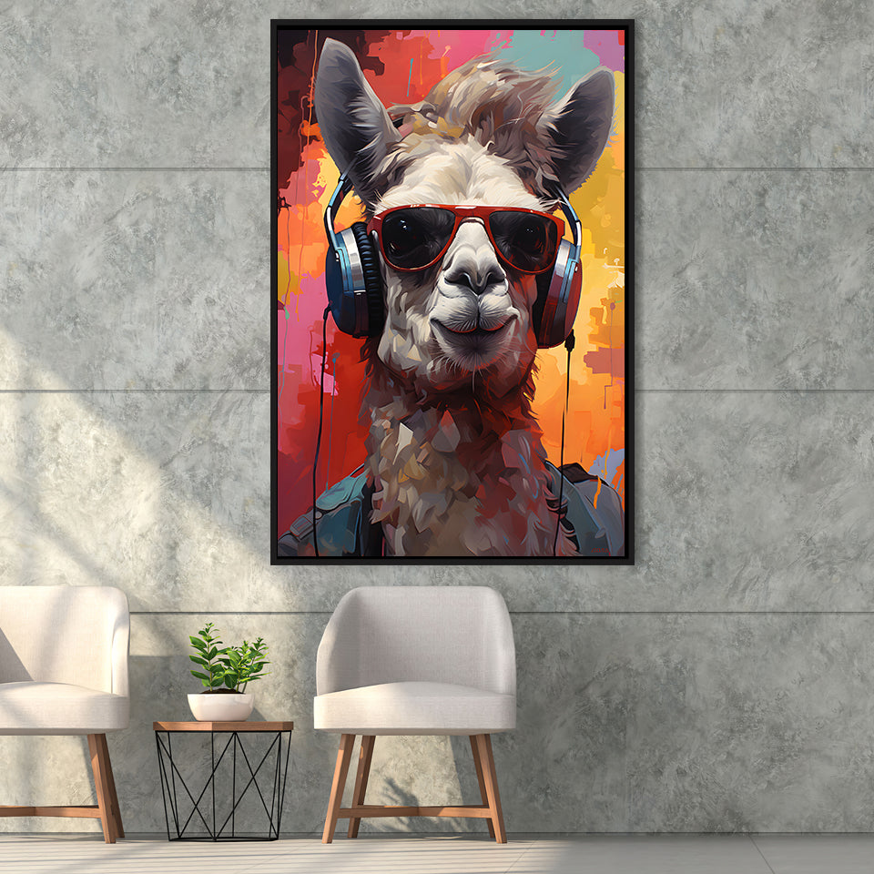 Llama Wearing Headphones With Sunglasses V2 Framed Canvas Prints Wall Art Home Decor, Painting Canvas, Floating Frame
