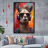 Llama Wearing Headphones With Sunglasses V2 Framed Art Prints Wall Decor, Painting Art, Framed Picture