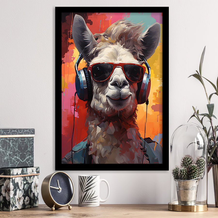 Llama Wearing Headphones With Sunglasses V2 Framed Art Prints Wall Decor, Painting Art, Framed Picture