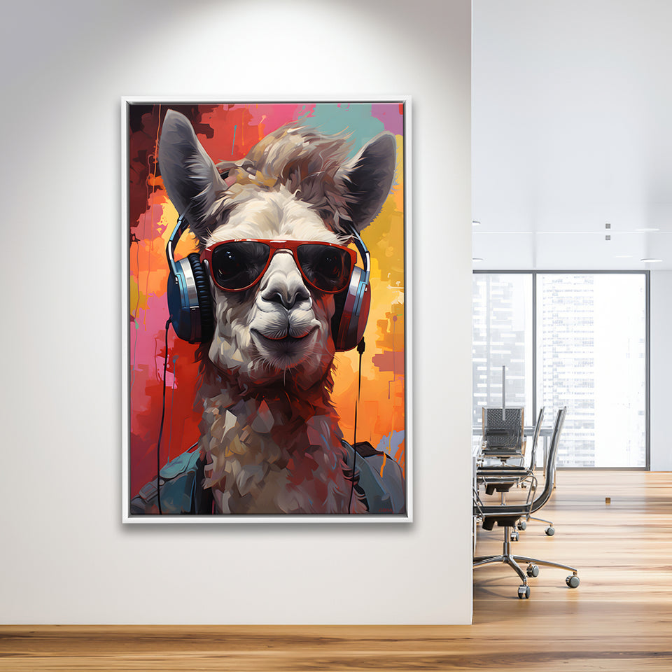 Llama Wearing Headphones With Sunglasses V2 Framed Canvas Prints Wall Art Home Decor, Painting Canvas, Floating Frame