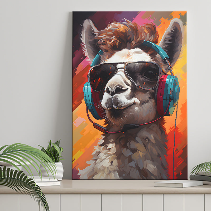 Llama Wearing Headphones With Sunglasses V5 Canvas Prints Wall Art Home Decor, Painting Canvas, Living Room Wall Decor