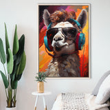 Llama Wearing Headphones With Sunglasses V5 Framed Canvas Prints Wall Art Home Decor, Painting Canvas, Floating Frame
