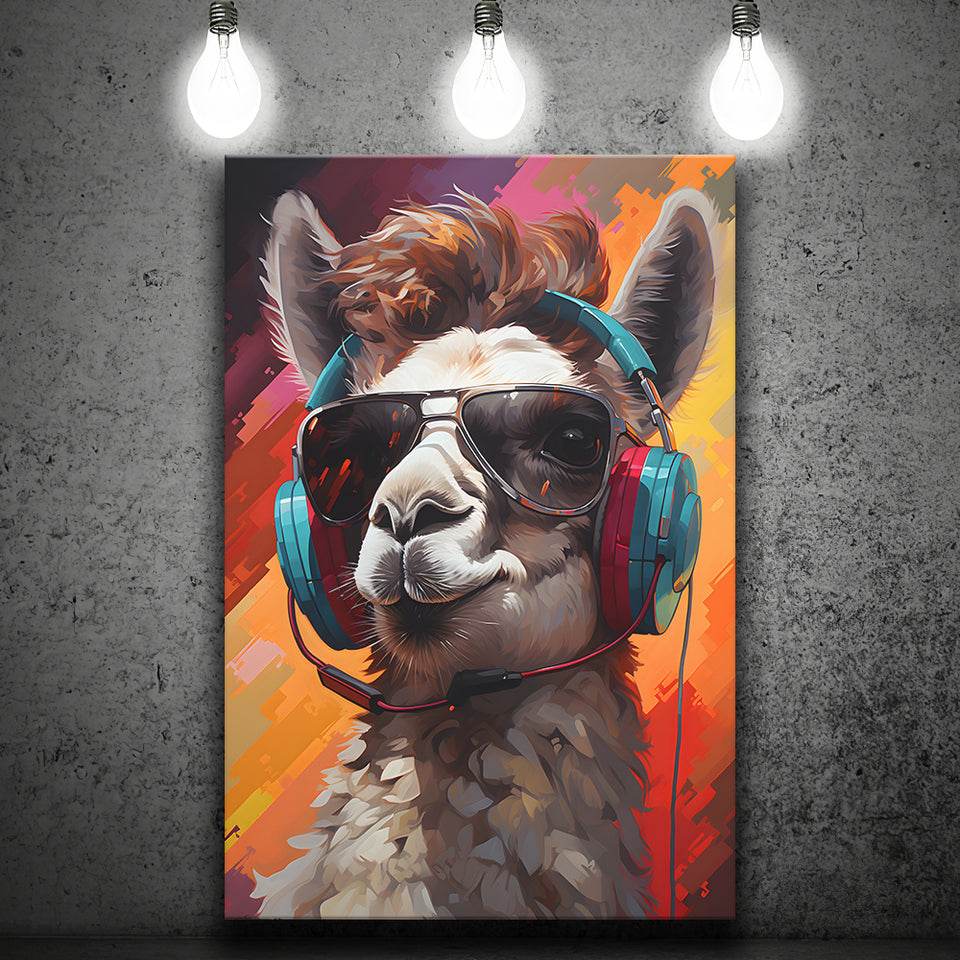 Llama Wearing Headphones With Sunglasses V5 Canvas Prints Wall Art Home Decor, Painting Canvas, Living Room Wall Decor