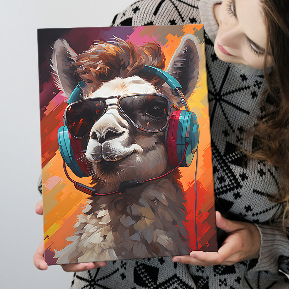 Llama Wearing Headphones With Sunglasses V5 Canvas Prints Wall Art Home Decor, Painting Canvas, Living Room Wall Decor
