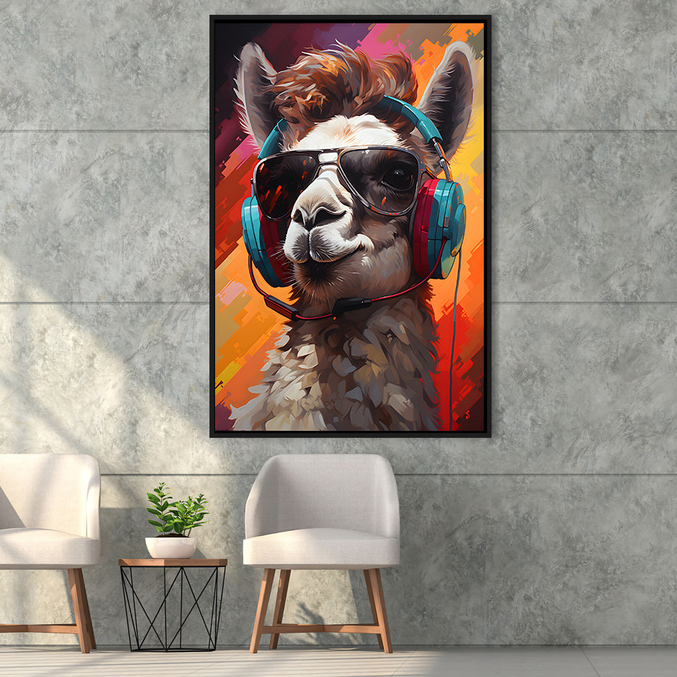 Llama Wearing Headphones With Sunglasses V5 Framed Canvas Prints Wall Art Home Decor, Painting Canvas, Floating Frame