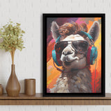 Llama Wearing Headphones With Sunglasses V5 Framed Canvas Prints Wall Art Home Decor, Painting Canvas, Floating Frame