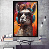 Llama Wearing Headphones With Sunglasses V5 Framed Art Prints Wall Decor, Painting Art, Framed Picture