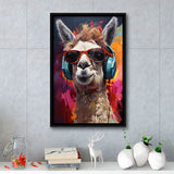 Llama Wearing Headphones With Sunglasses V6 Framed Canvas Prints Wall Art Home Decor, Painting Canvas, Floating Frame