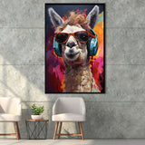 Llama Wearing Headphones With Sunglasses V6 Framed Canvas Prints Wall Art Home Decor, Painting Canvas, Floating Frame