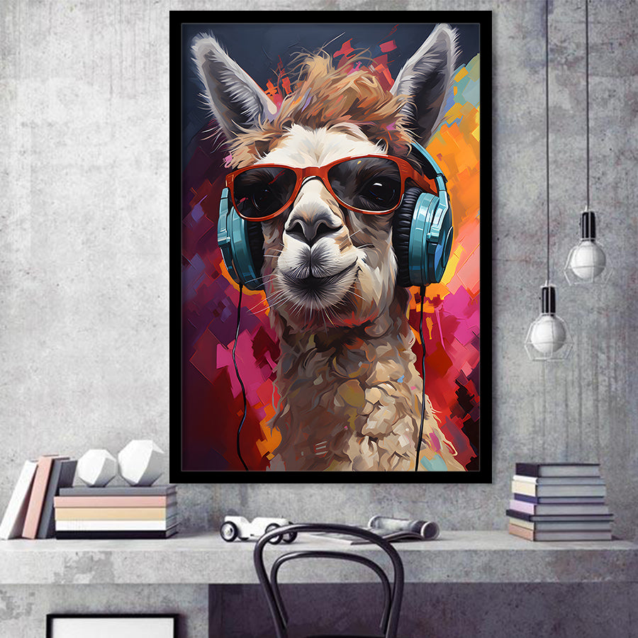 Llama Wearing Headphones With Sunglasses V6 Framed Art Prints Wall Decor, Painting Art, Framed Picture