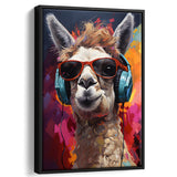 Llama Wearing Headphones With Sunglasses V6 Framed Canvas Prints Wall Art Home Decor, Painting Canvas, Floating Frame