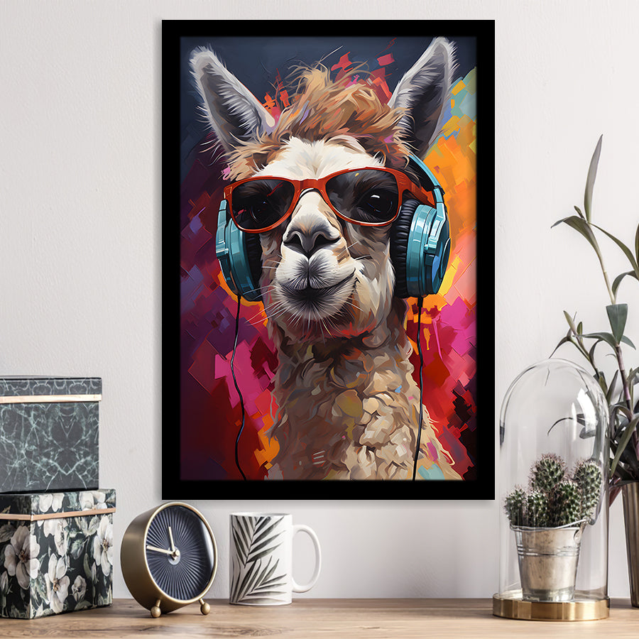 Llama Wearing Headphones With Sunglasses V6 Framed Art Prints Wall Decor, Painting Art, Framed Picture