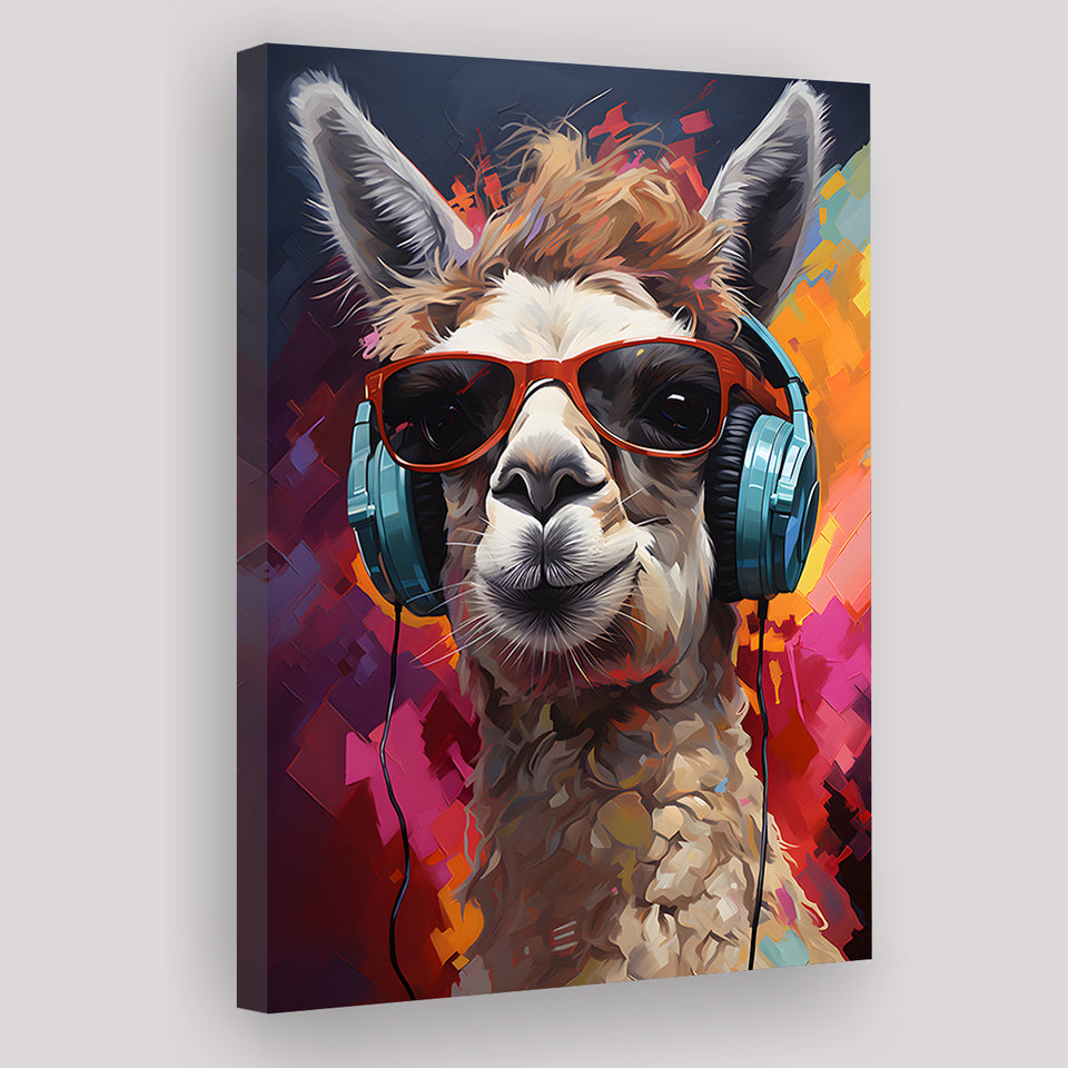 Llama Wearing Headphones With Sunglasses V6 Canvas Prints Wall Art Home Decor, Painting Canvas, Living Room Wall Decor
