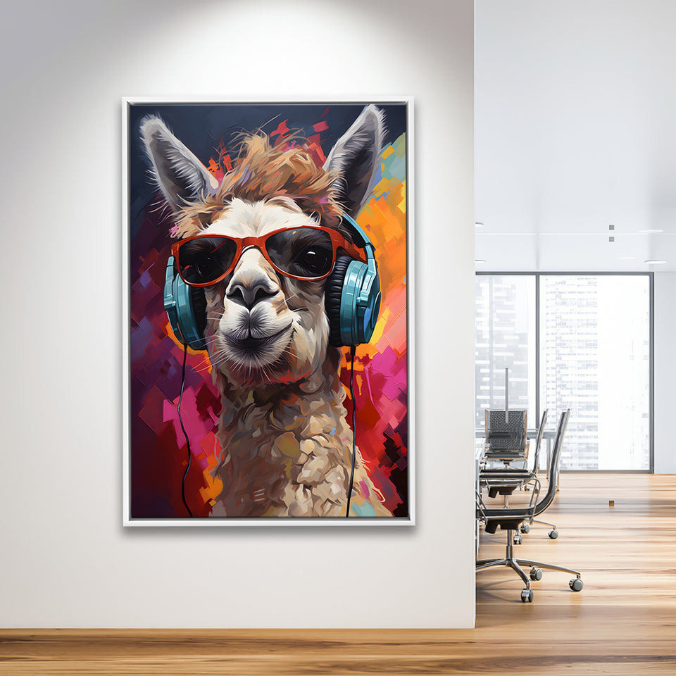 Llama Wearing Headphones With Sunglasses V6 Framed Canvas Prints Wall Art Home Decor, Painting Canvas, Floating Frame