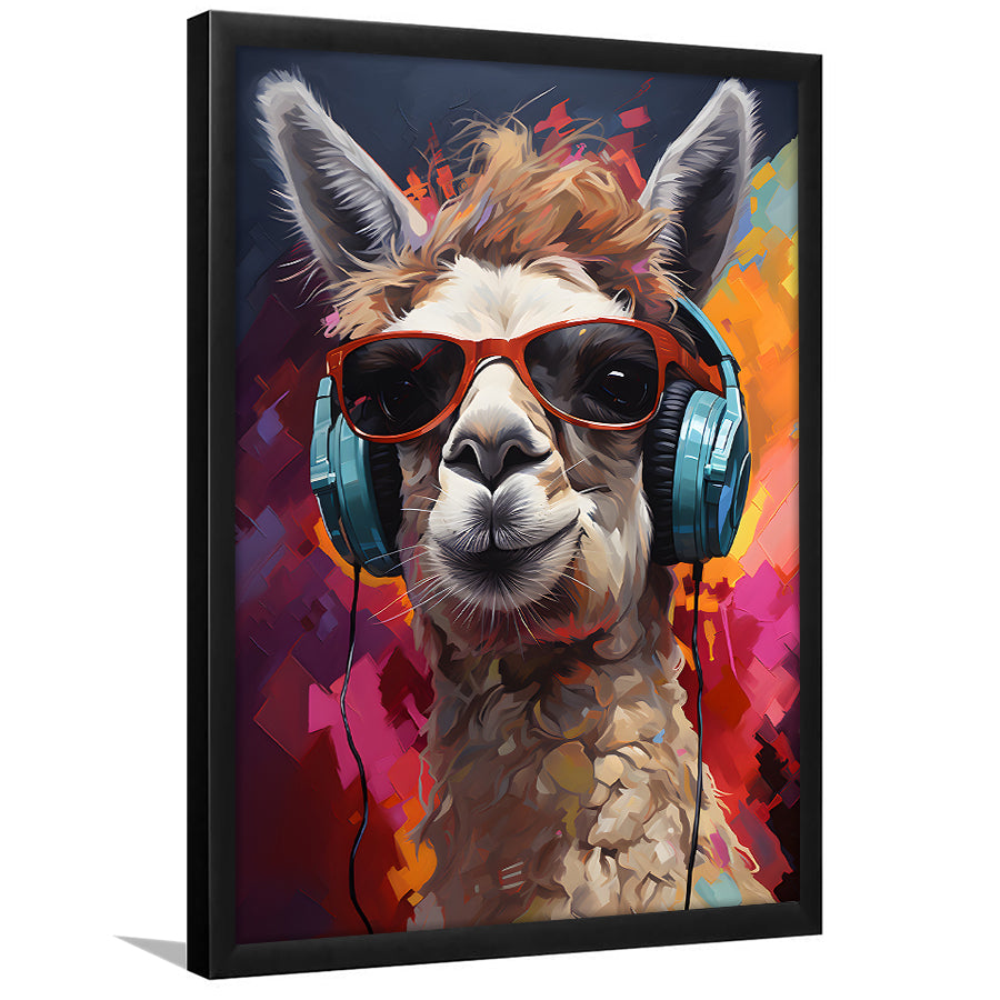 Llama Wearing Headphones With Sunglasses V6 Framed Art Prints Wall Decor, Painting Art, Framed Picture