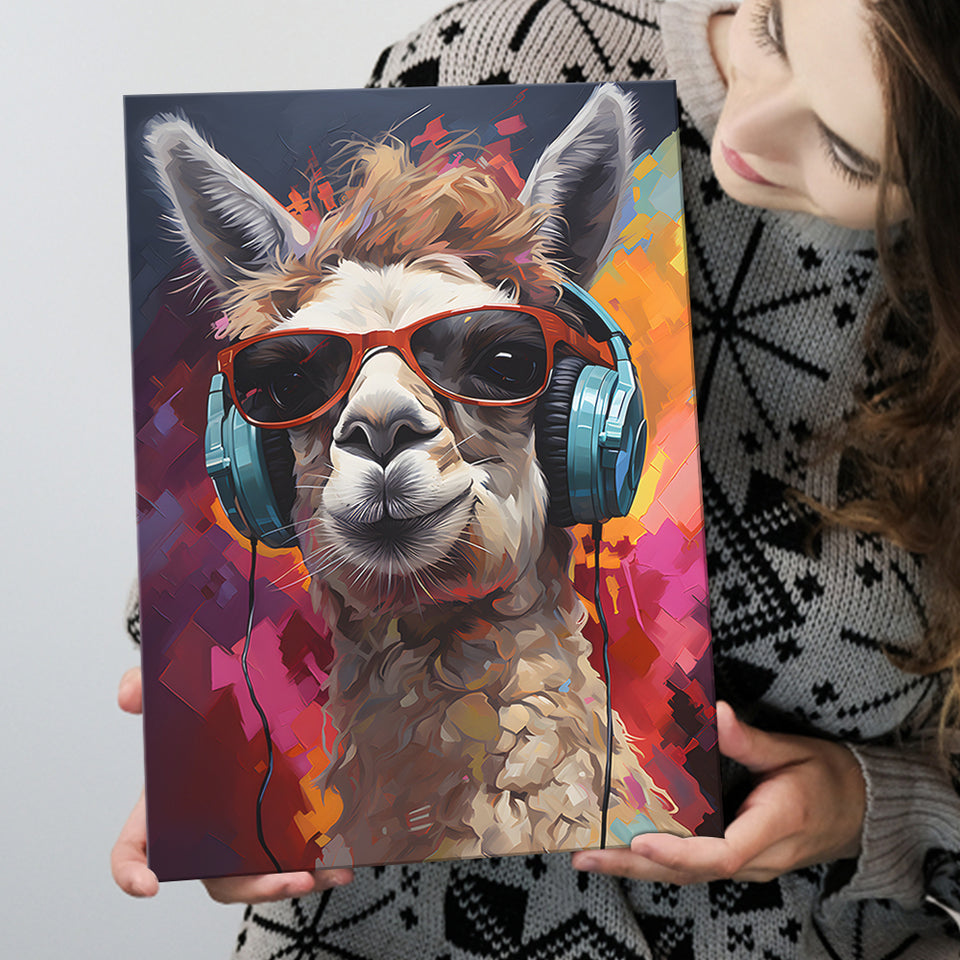 Llama Wearing Headphones With Sunglasses V6 Canvas Prints Wall Art Home Decor, Painting Canvas, Living Room Wall Decor