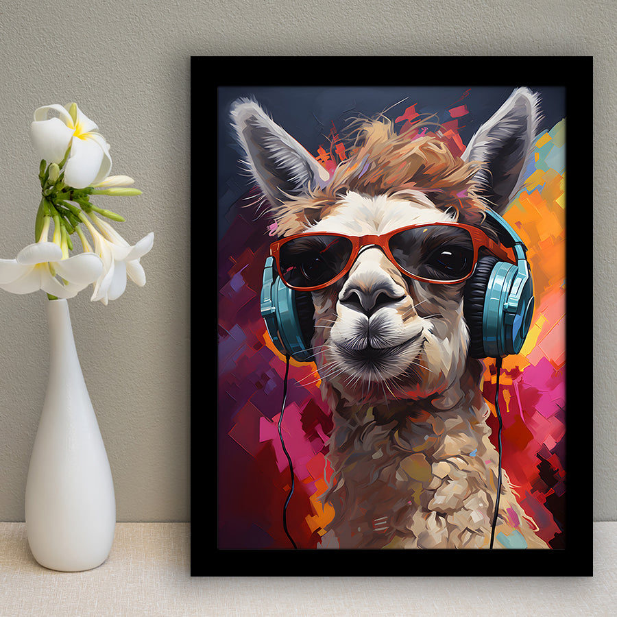 Llama Wearing Headphones With Sunglasses V6 Framed Art Prints Wall Decor, Painting Art, Framed Picture