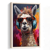 Llama Wearing Headphones With Sunglasses V6 Framed Canvas Prints Wall Art Home Decor, Painting Canvas, Floating Frame