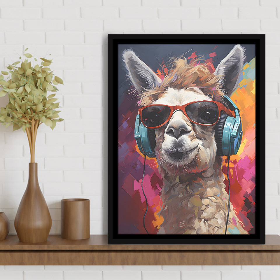 Llama Wearing Headphones With Sunglasses V6 Framed Canvas Prints Wall Art Home Decor, Painting Canvas, Floating Frame