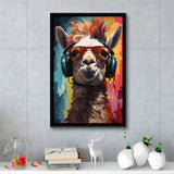 Llama Wearing Headphones With Sunglasses V7 Framed Canvas Prints Wall Art Home Decor, Painting Canvas, Floating Frame