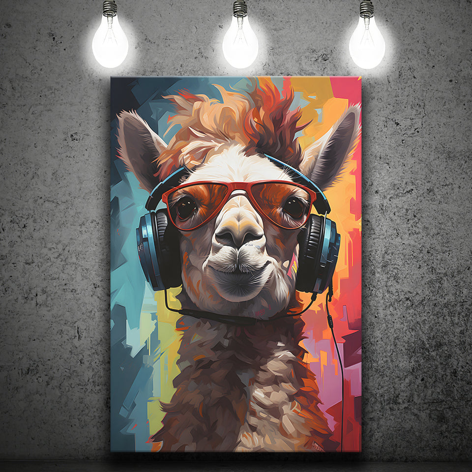 Llama Wearing Headphones With Sunglasses V7 Canvas Prints Wall Art Home Decor, Painting Canvas, Living Room Wall Decor