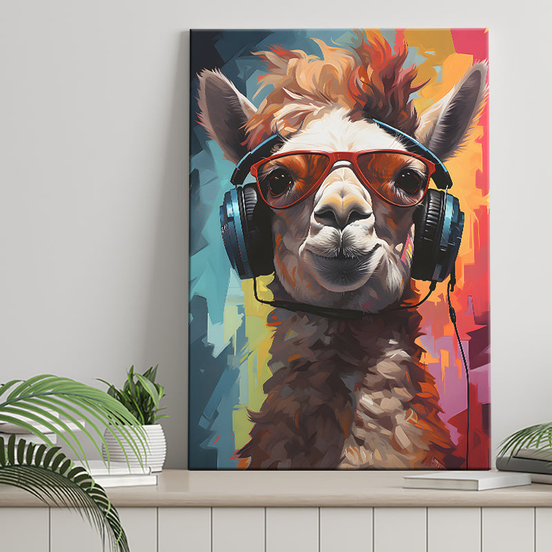 Llama Wearing Headphones With Sunglasses V7 Canvas Prints Wall Art Home Decor, Painting Canvas, Living Room Wall Decor