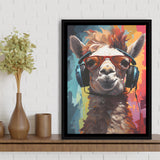 Llama Wearing Headphones With Sunglasses V7 Framed Canvas Prints Wall Art Home Decor, Painting Canvas, Floating Frame