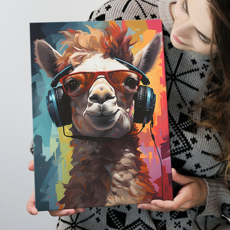 Llama Wearing Headphones With Sunglasses V7 Canvas Prints Wall Art Home Decor, Painting Canvas, Living Room Wall Decor