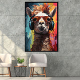Llama Wearing Headphones With Sunglasses V7 Framed Canvas Prints Wall Art Home Decor, Painting Canvas, Floating Frame