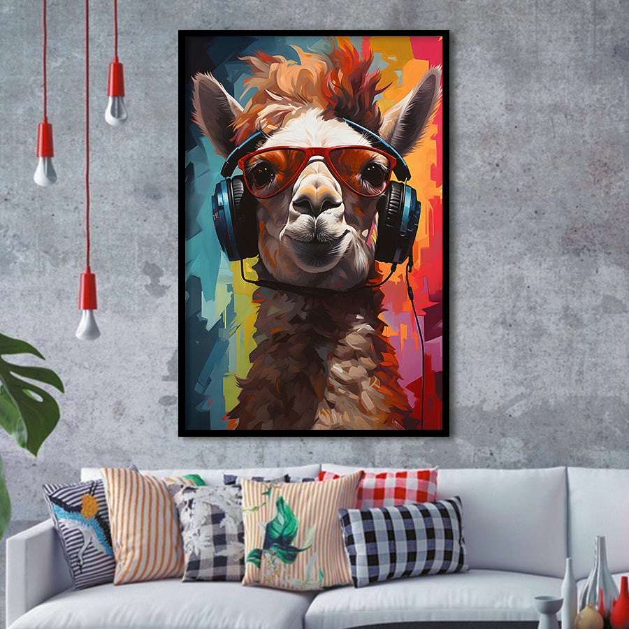 Llama Wearing Headphones With Sunglasses V7 Framed Art Prints Wall Decor, Painting Art, Framed Picture