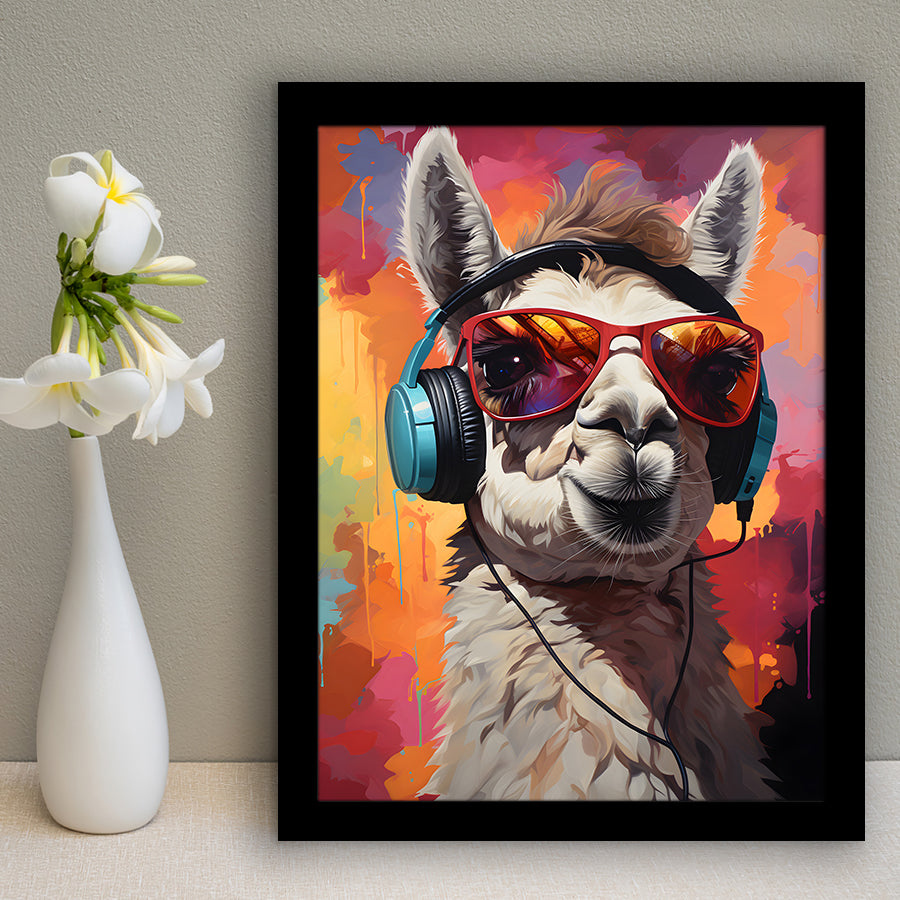 Llama Wearing Headphones With Sunglasses V8 Framed Art Prints Wall Decor, Painting Art, Framed Picture
